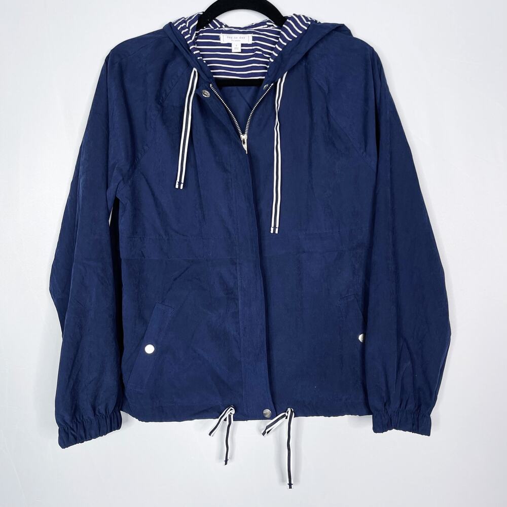 Day To Day Blu Pepper Small Navy Blue Full Zip Hooded Lightweight Jacket Stripe